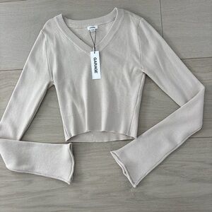 Garage Cream V-Neck Cropped Ribbed Knit Top